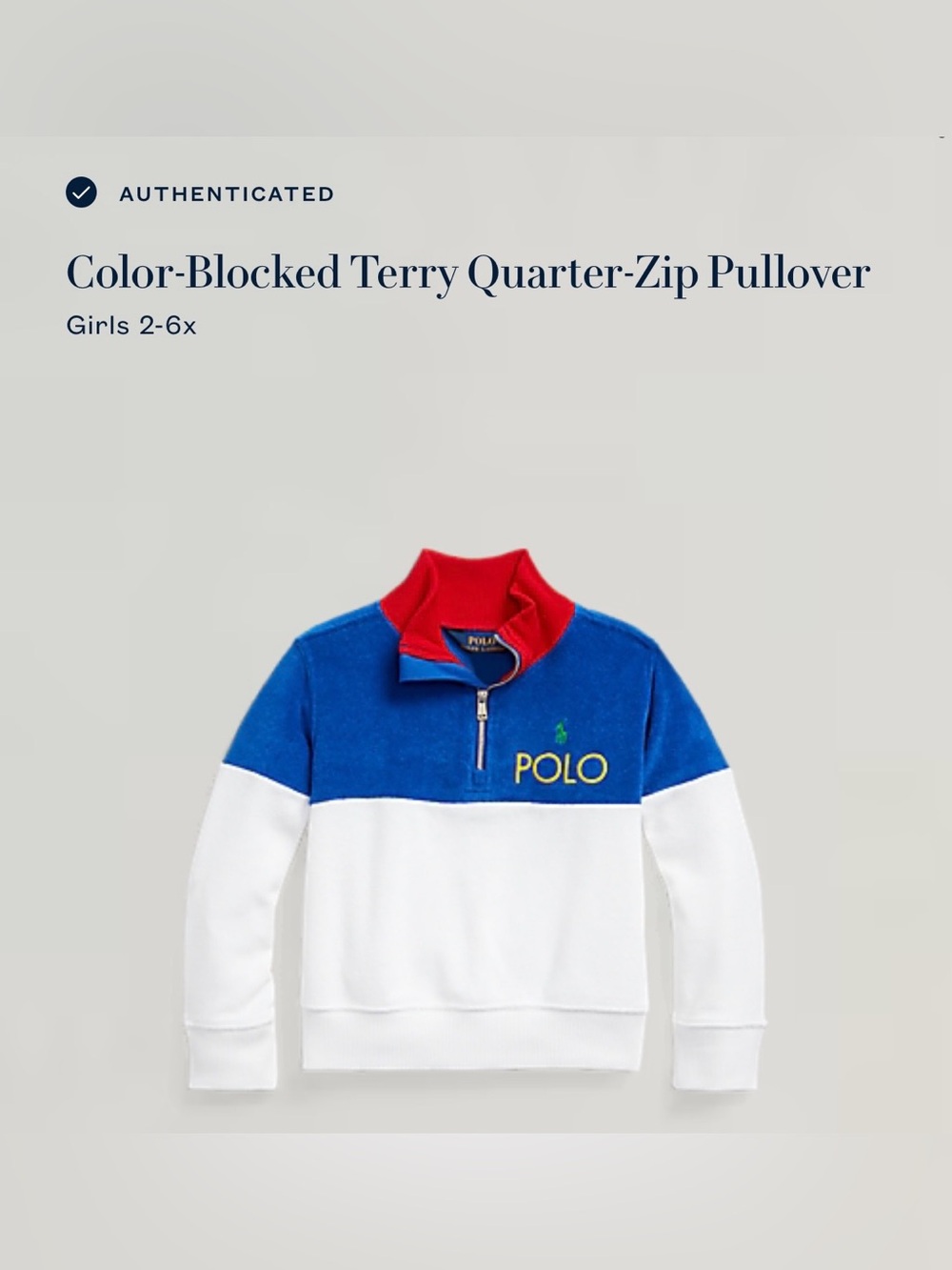 Ralph Lauren  Color-Blocked Terry Quarter-Zip Pullover Kids Size 5 New